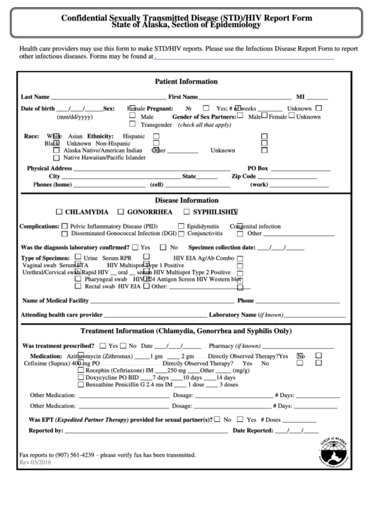 Confidential Sexually Transmitted Disease (Std)/hiv Report Form - State Of Alaska, Section Of Epidemiology Printable pdf