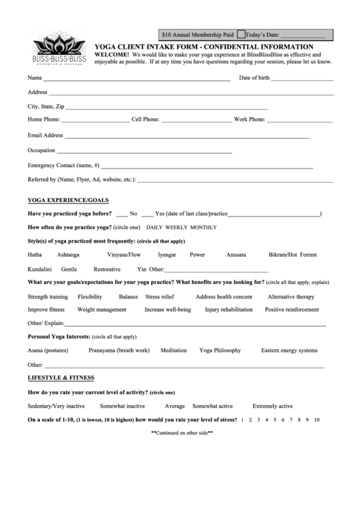 Yoga Client Intake Form Confidential Information printable pdf download
