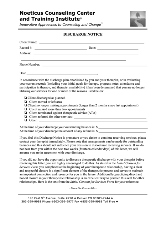 Discharge Notice Form Printable pdf