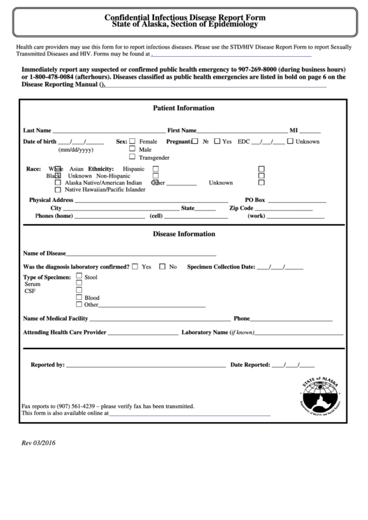 Confidential Infectious Disease Report Form - State Of Alaska, Section Of Epidemiology Printable pdf