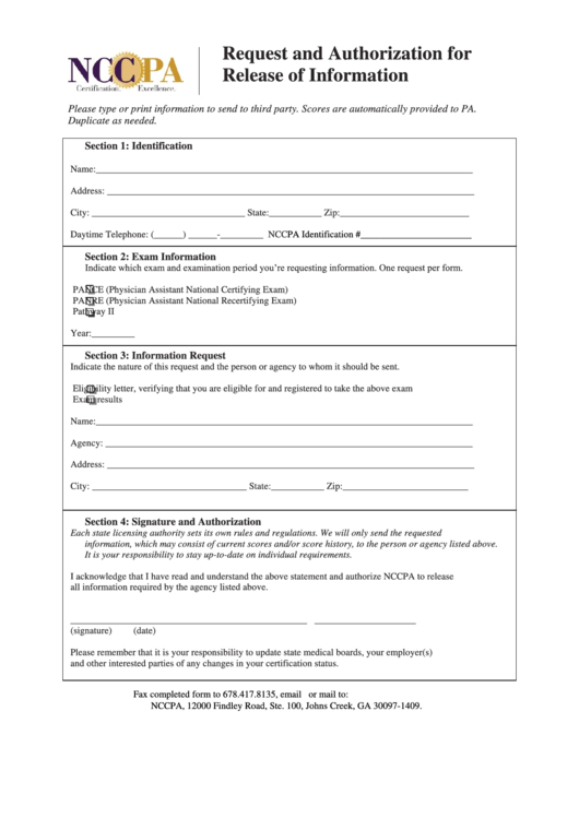 Request And Authorization For Release Of Information Form Printable pdf