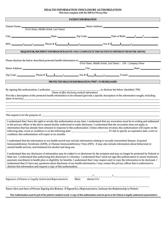 Health Information Disclosure Authorization Form Printable pdf