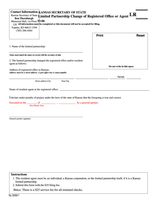 Fillable Form Lr 53-06 - Limited Partnership Change Of Registered Office Or Agent - Kansas Secretary Of State Printable pdf