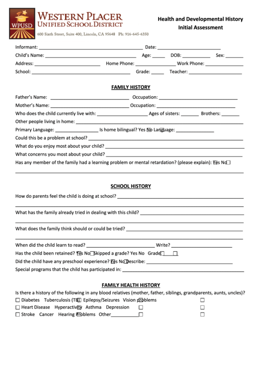 Health And Developmental History Initial Assessment Form