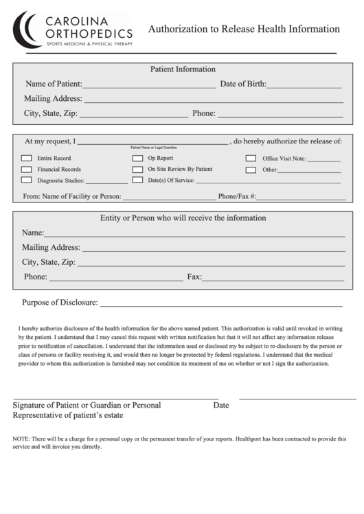 Authorization To Release Health Information Form Printable pdf