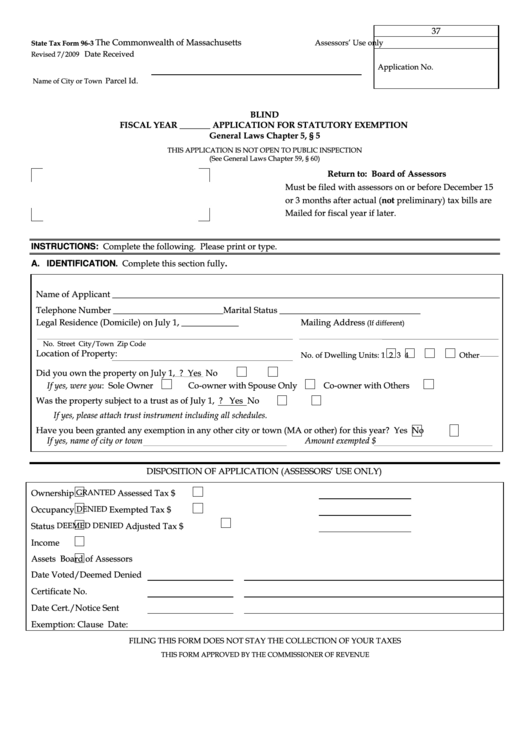 Fillable State Tax Form 96-3 - Blind Application For Statutory Exemption - 2009 Printable pdf