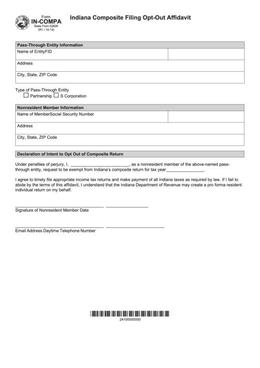 Fillable Form In-Compa - Indiana Composite Filing Opt-Out Affidavit - Indiana Department Of Revenue - 2014 Printable pdf