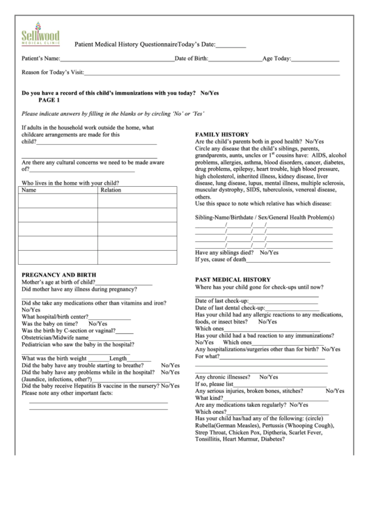 Patient Medical History Questionnaire Form Printable pdf