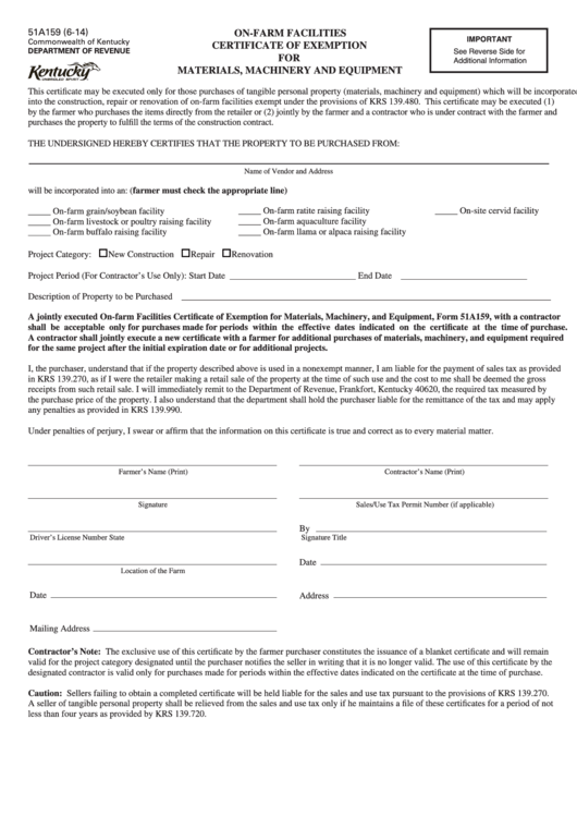 Form 51a159 - On-Farm Facilities Certificate Of Exemption For Materials, Machinery And Equipment Form - Kentucky Department Of Revenue Printable pdf