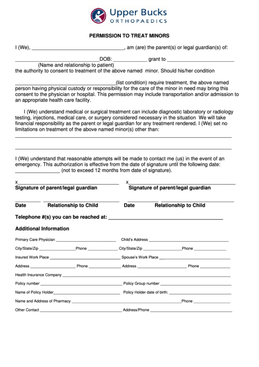 Permission To Treat Minors Form Printable pdf