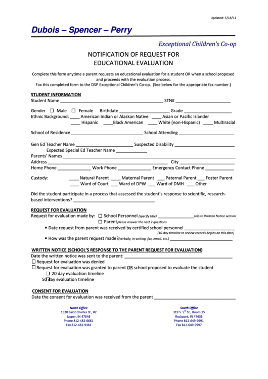 Fillable Notification Of Request For Educational Evaluation Form Printable pdf