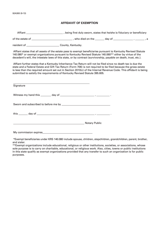 Form 92a300 - Affidavit Of Exemption Printable pdf