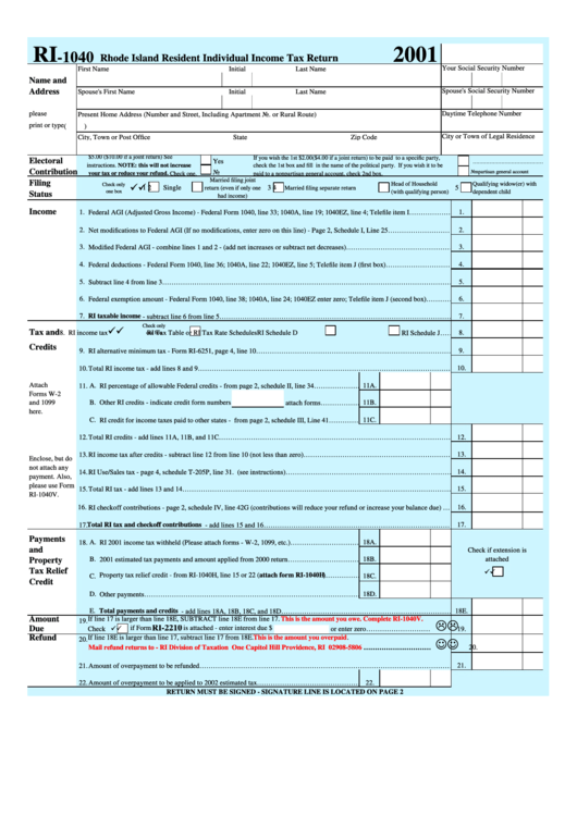 Form Ri-1040 - Rhode Island Resident Individual Income Tax Return 2001