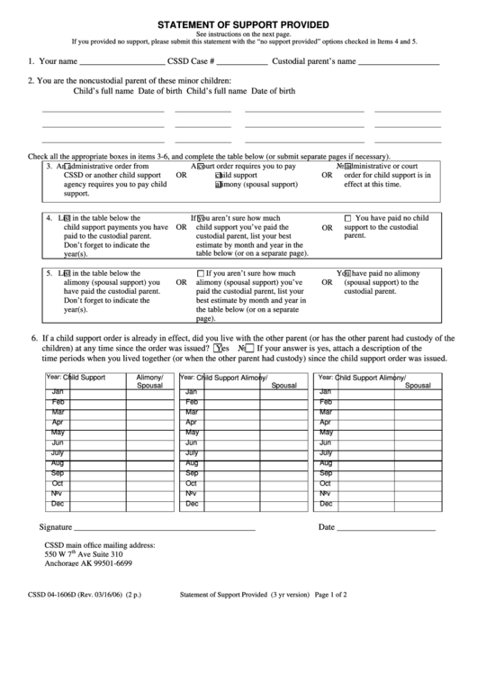 Form Cssd 04-1606d - Statement Of Support Provided Printable pdf