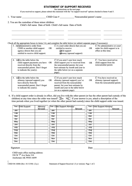 Form Cssd 04-1606b - Statement Of Support Received Printable pdf