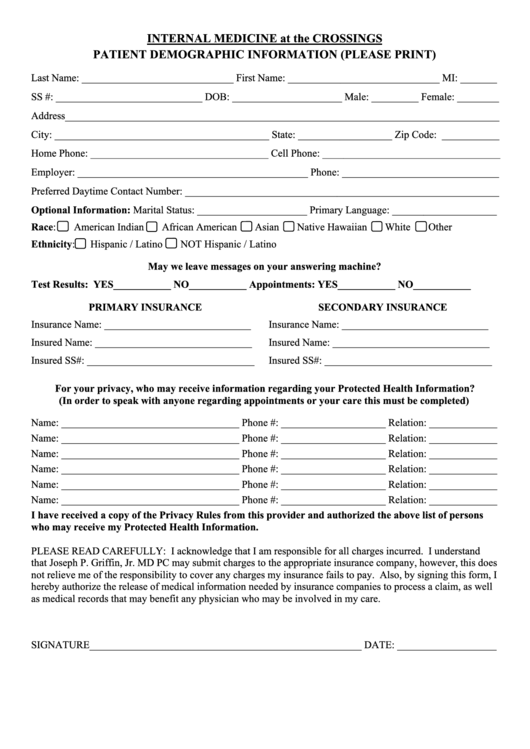 Patient Demographic Information Form Printable pdf
