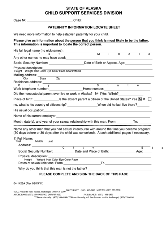 Form 04-1423a - Paternity Information Locate Sheet Printable pdf