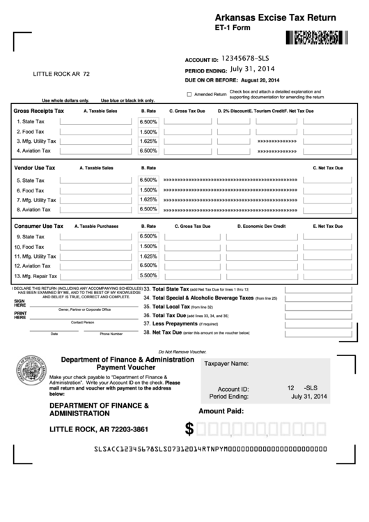 Fillable Form Et-1 - Arkansas Excise Tax Return Printable pdf