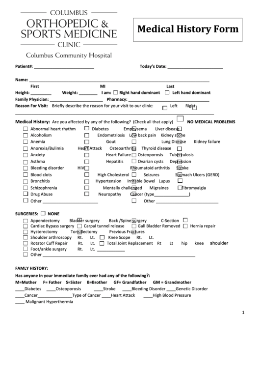 Medical History Form-Columbus Community Hospital Printable pdf