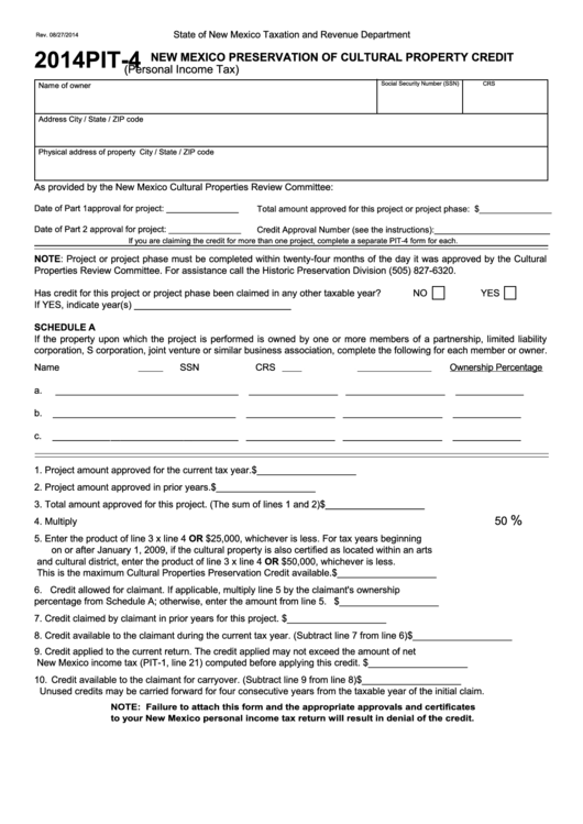 Form Pit-4 - New Mexico Preservation Of Cultural Property Credit (Personal Income Tax) - 2014 Printable pdf