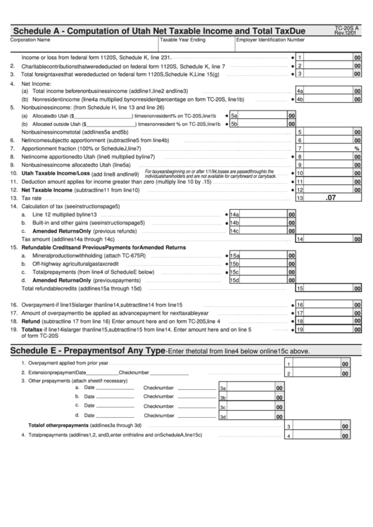 Form Tc-20s A - Schedule A - Computation Of Utah Net Taxable Income And Total Tax Due Printable pdf