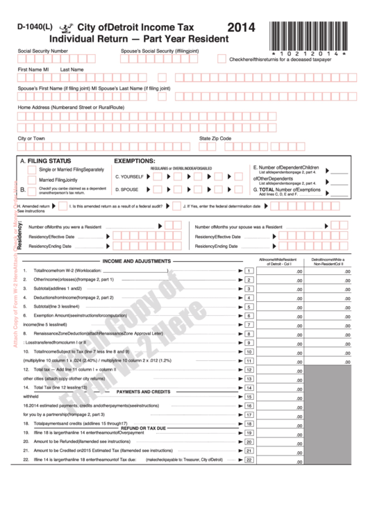 Form D-1040(L) Draft - City Of Detroit Income Tax Individual Return - Part Year Resident - 2014 Printable pdf