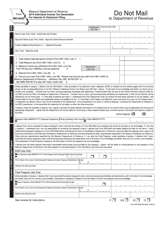 Form Mo-8453 - Individual Income Tax Declaration For Internet Or Electronic Filing - 2014 Printable pdf