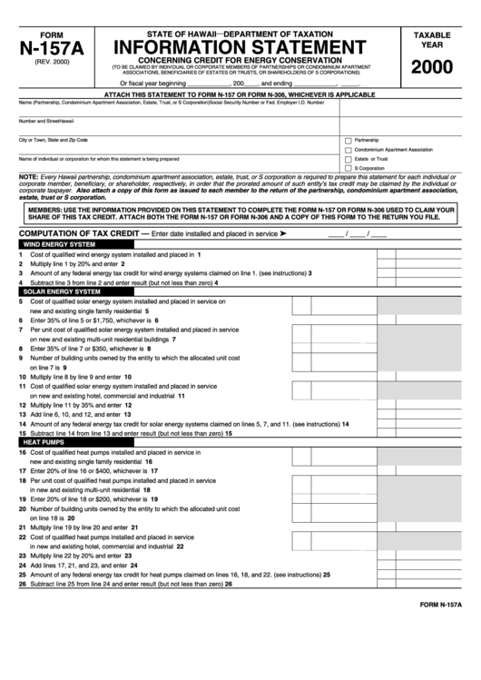 Form N-157a - Information Statement Concerning Credit For Energy Conservation - 2000 Printable pdf