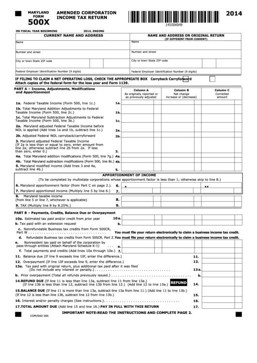 Fillable Maryland Form 500x - Amended Corporation Income Tax Return - 2014 Printable pdf