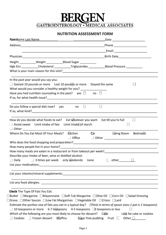 Fillable Nutrition Assessment Form Printable pdf