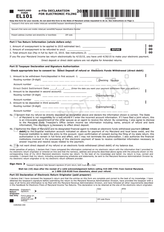Fillable Maryland Form El101 - E-File Declaration For Electronic Filing - 2014 Printable pdf