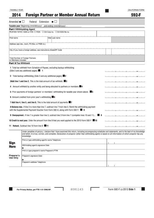Fillable California Form 592-F - Foreign Partner Or Member Annual Return - 2014 Printable pdf