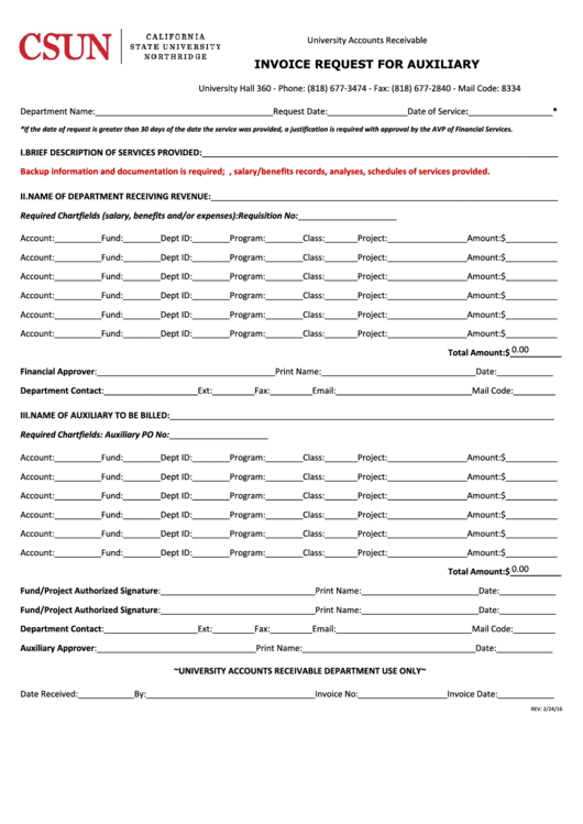 Fillable Invoice Request For Auxiliaries Form - University Accounts Receivable Printable pdf