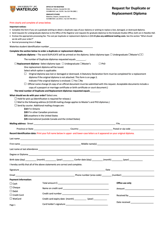 Fillable Request For Duplicate Or Replacement Diploma Form Printable pdf