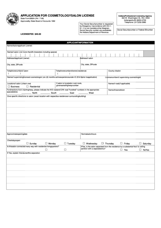 Fillable Form 38924 - Application For Cosmetology Salon License Printable pdf