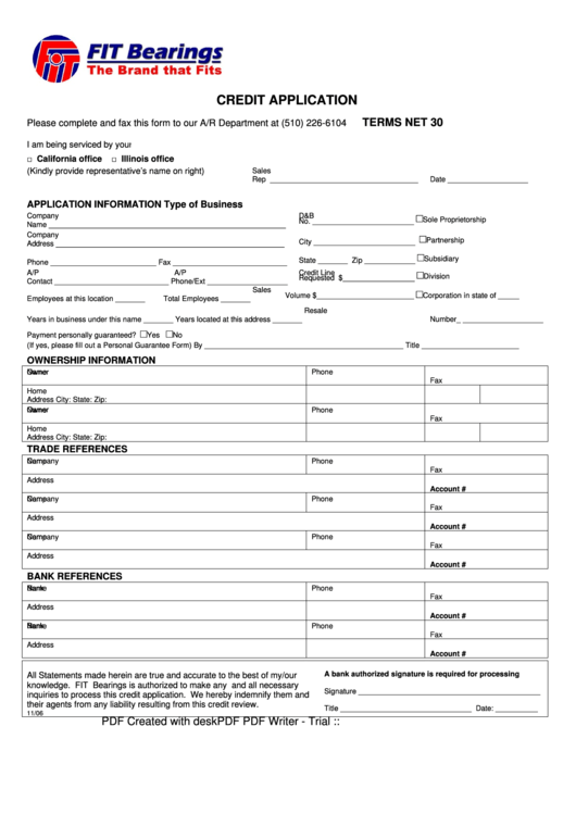 Credit Application Form And Personal Guarantee Form Printable pdf