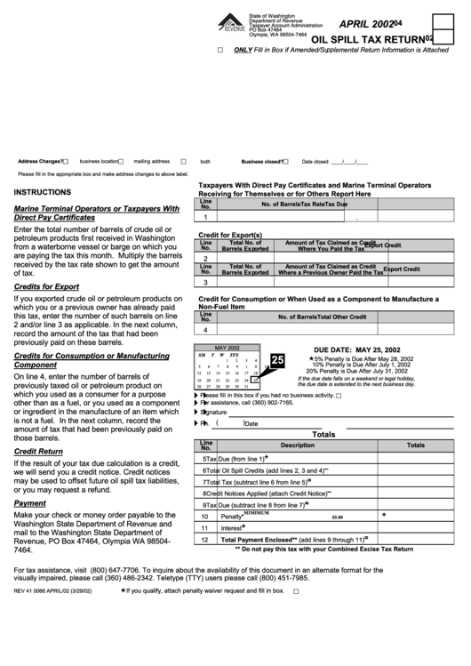 Oil Spill Tax Return - Washington Department Of Revenue - April 2002 Printable pdf