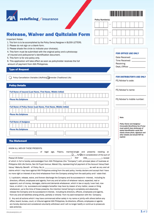 Release, Waiver And Quitclaim Form