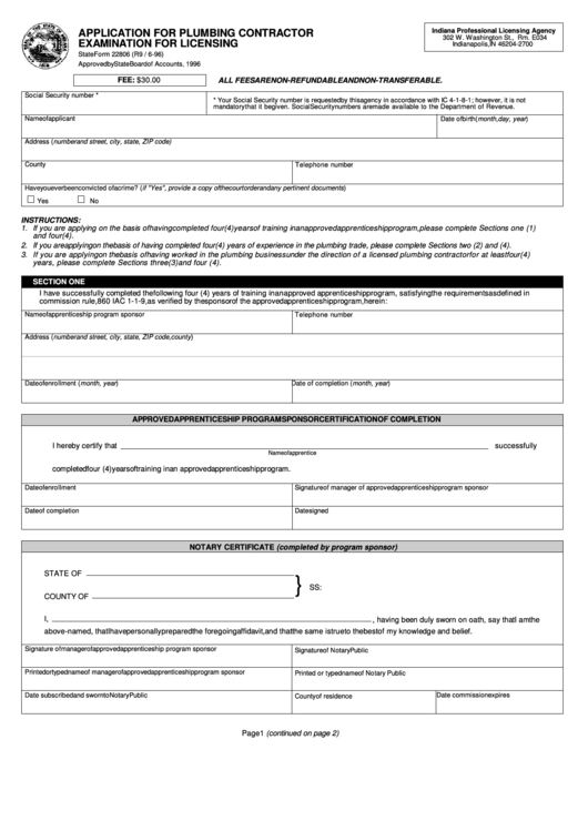 Fillable Form 22806 - Application For Plumbing Contractor Examination For Licensing Printable pdf