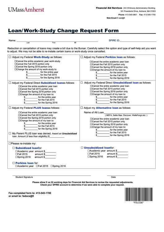 Fillable Loan/work-Study Change Request Form Printable pdf