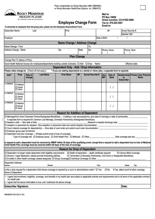 Employee Change Form Printable pdf