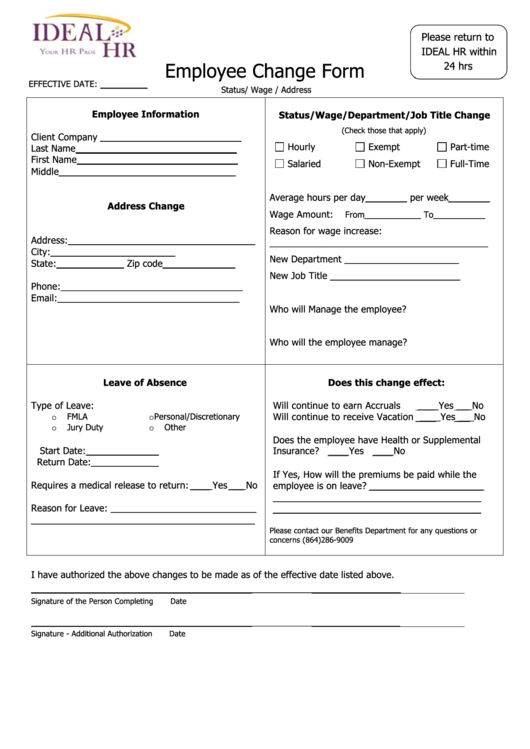 Fillable Employee Change Form Printable pdf