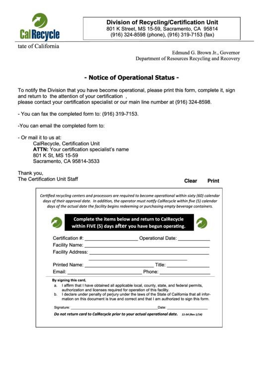 Fillable Notice Of Operational Status Form 2014 Printable pdf