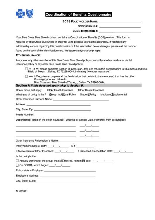 Fillable Bcbs Coordination Of Benefits Questionnaire Printable pdf