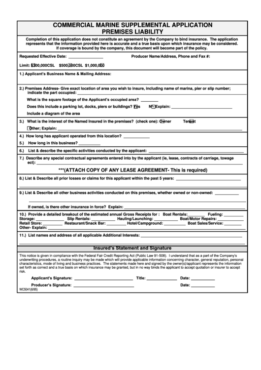 Commercial Marine Supplemental Application Form Printable pdf