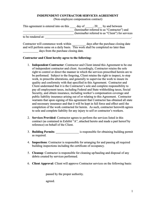 Independent Contractor Services Agreement Form Printable pdf