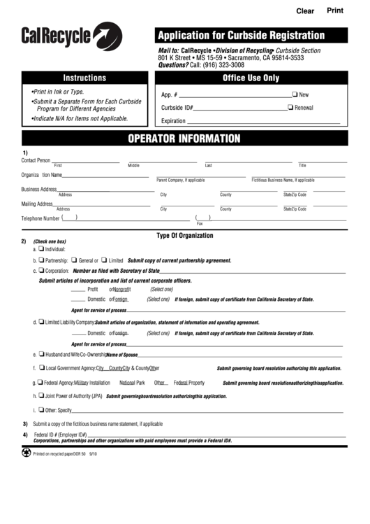 Fillable Application For Curbside Registration Form Printable pdf