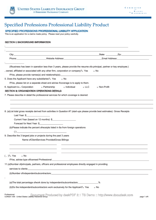 Specified Professions Professional Liability Application Form Printable pdf
