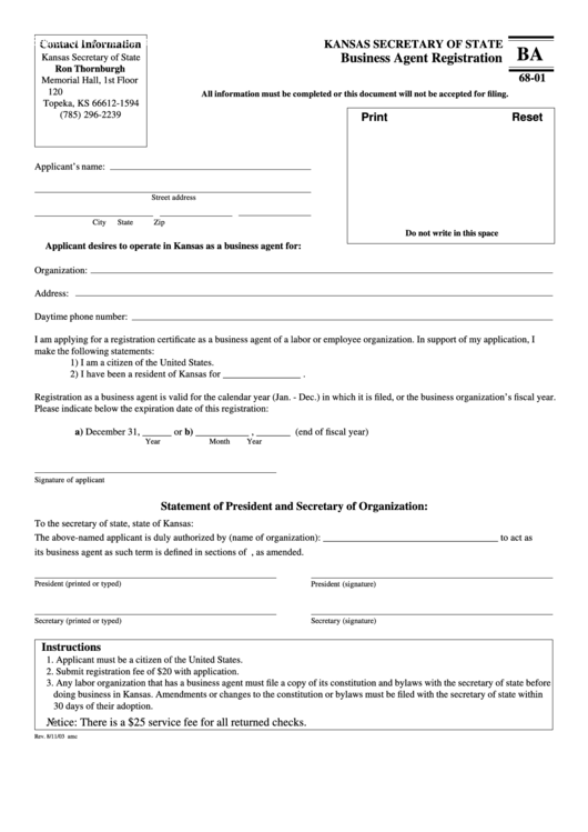 Fillable Business Agent Registration Form 2003 Printable pdf