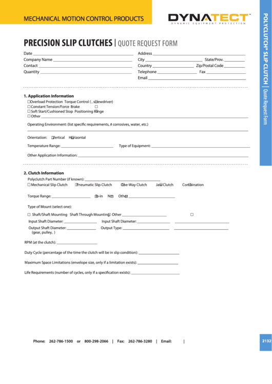 Precision Slip Clutches-Quote Request Form Printable pdf